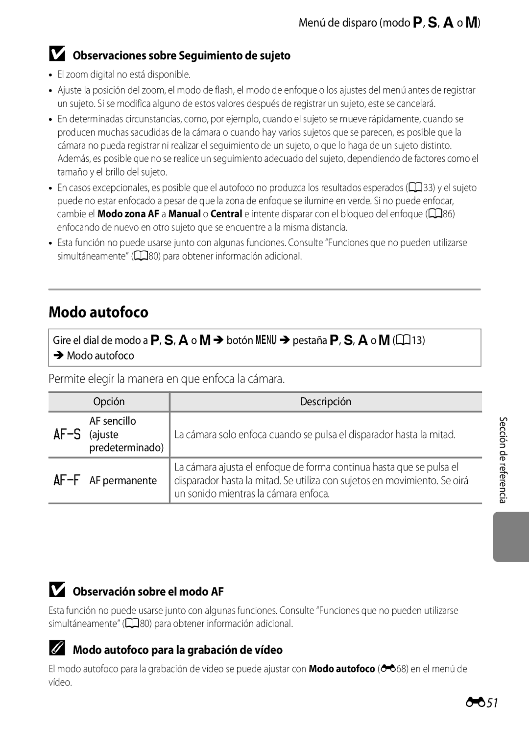 Nikon P510 manual Modo autofoco, E51, Observaciones sobre Seguimiento de sujeto, Observación sobre el modo AF 