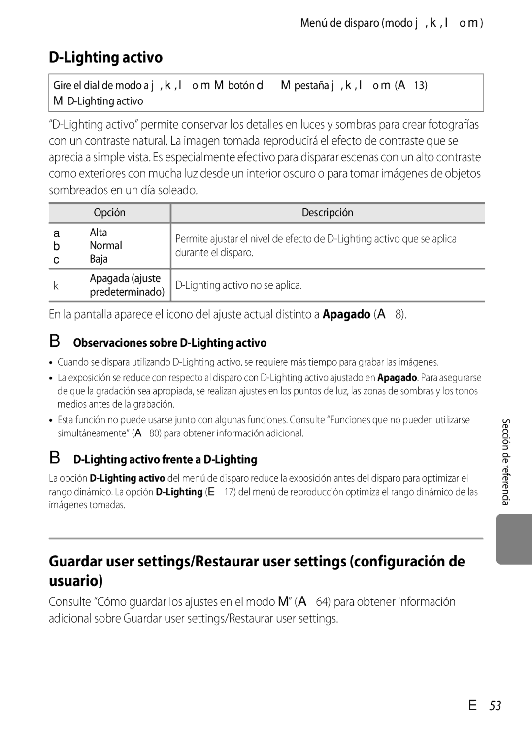 Nikon P510 manual E53, Observaciones sobre D-Lighting activo, Lighting activo frente a D-Lighting 