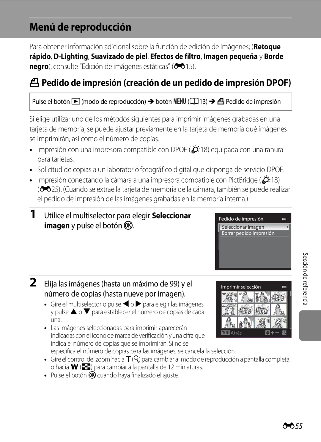 Nikon P510 manual Menú de reproducción, Número de copias hasta nueve por imagen, E55, Una 