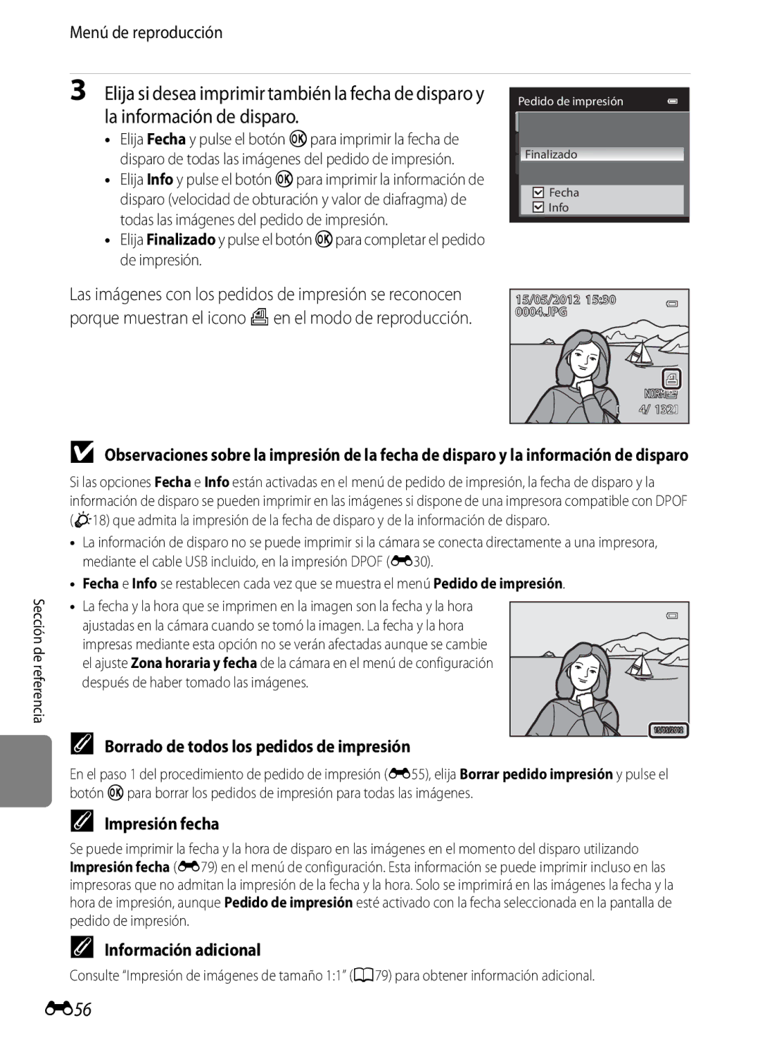 Nikon P510 manual E56, Menú de reproducción, Borrado de todos los pedidos de impresión, Impresión fecha 