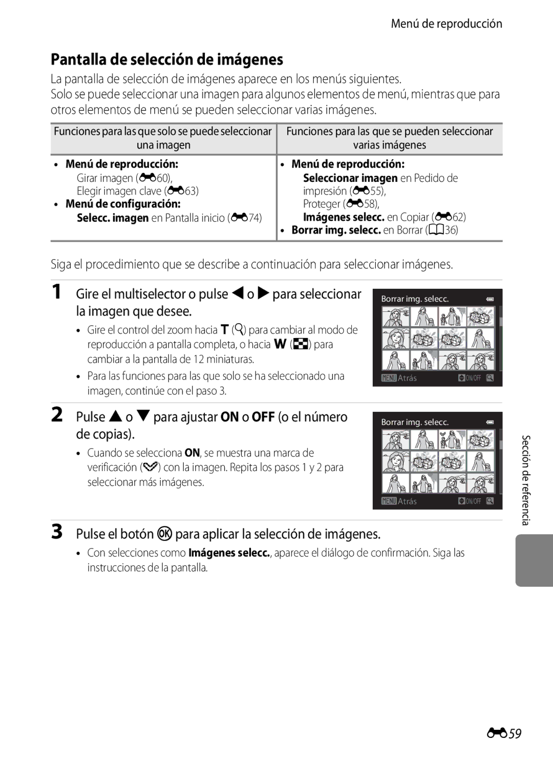 Nikon P510 manual Pantalla de selección de imágenes, Pulse Ho Ipara ajustar on o OFF o el número de copias, E59 