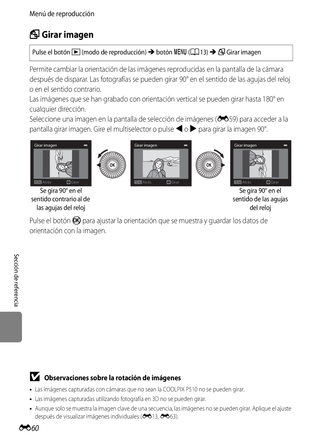 Nikon P510 manual FGirar imagen, E60, Observaciones sobre la rotación de imágenes 