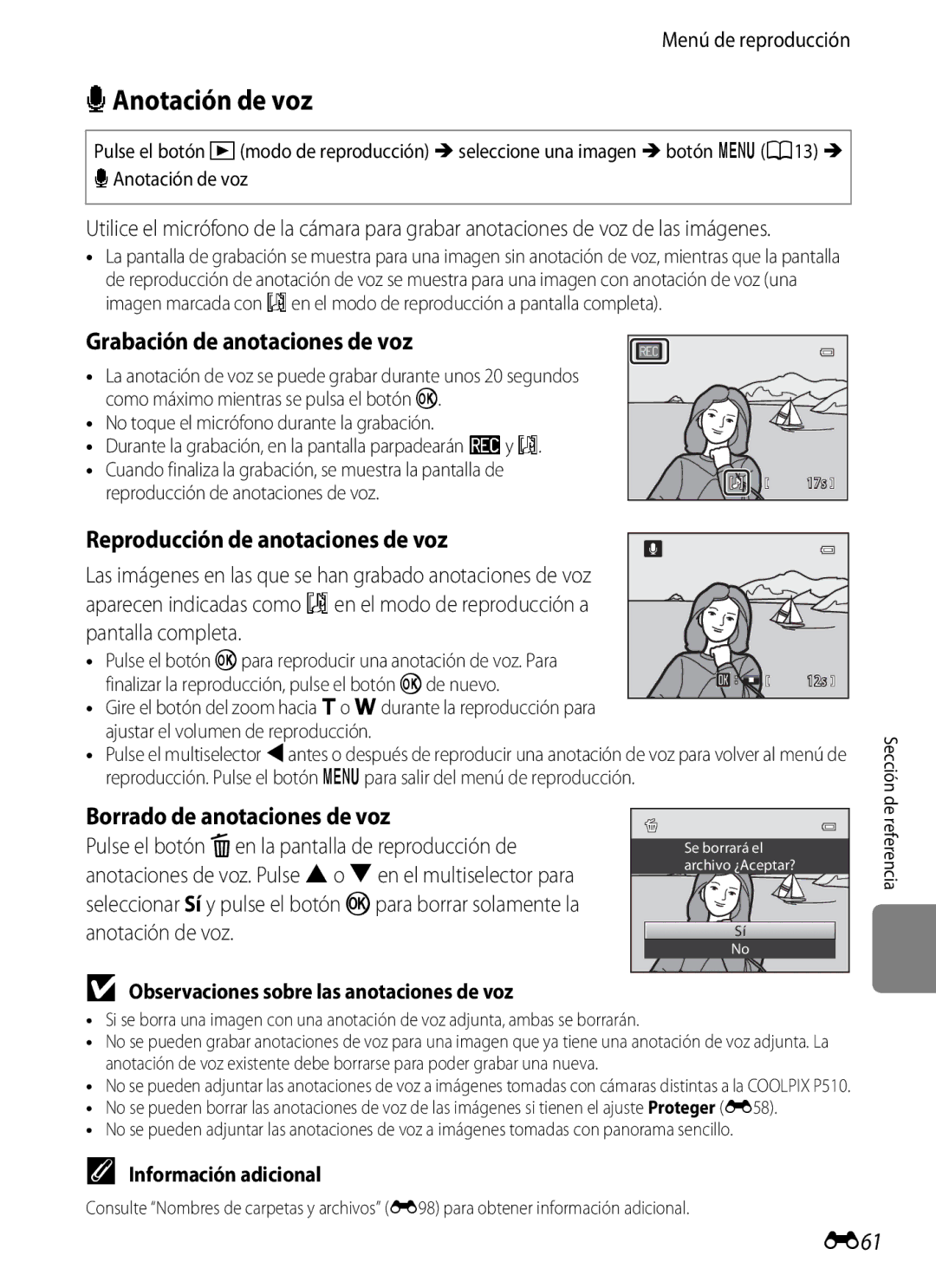 Nikon P510 manual EAnotación de voz, Grabación de anotaciones de voz, Reproducción de anotaciones de voz, E61 