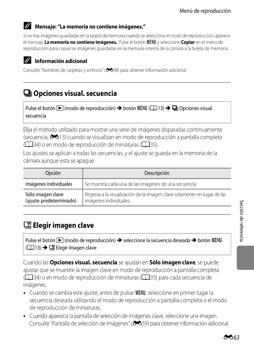 Nikon P510 manual COpciones visual. secuencia, XElegir imagen clave, E63, Mensaje La memoria no contiene imágenes 