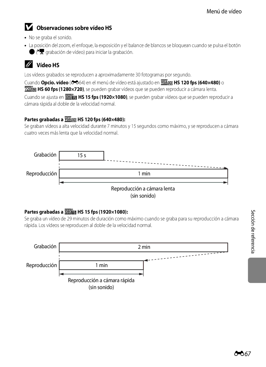 Nikon P510 manual E67, Observaciones sobre vídeo HS, Vídeo HS 