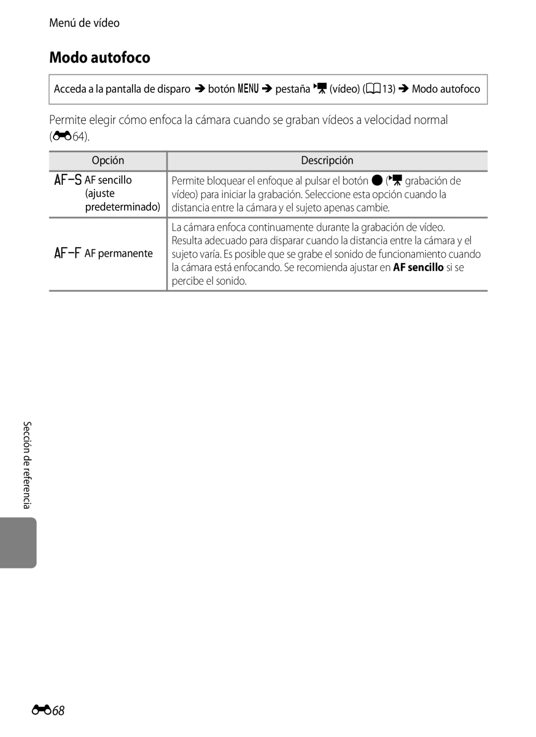 Nikon P510 manual E68, Opción Descripción AAF sencillo, Distancia entre la cámara y el sujeto apenas cambie, BAF permanente 