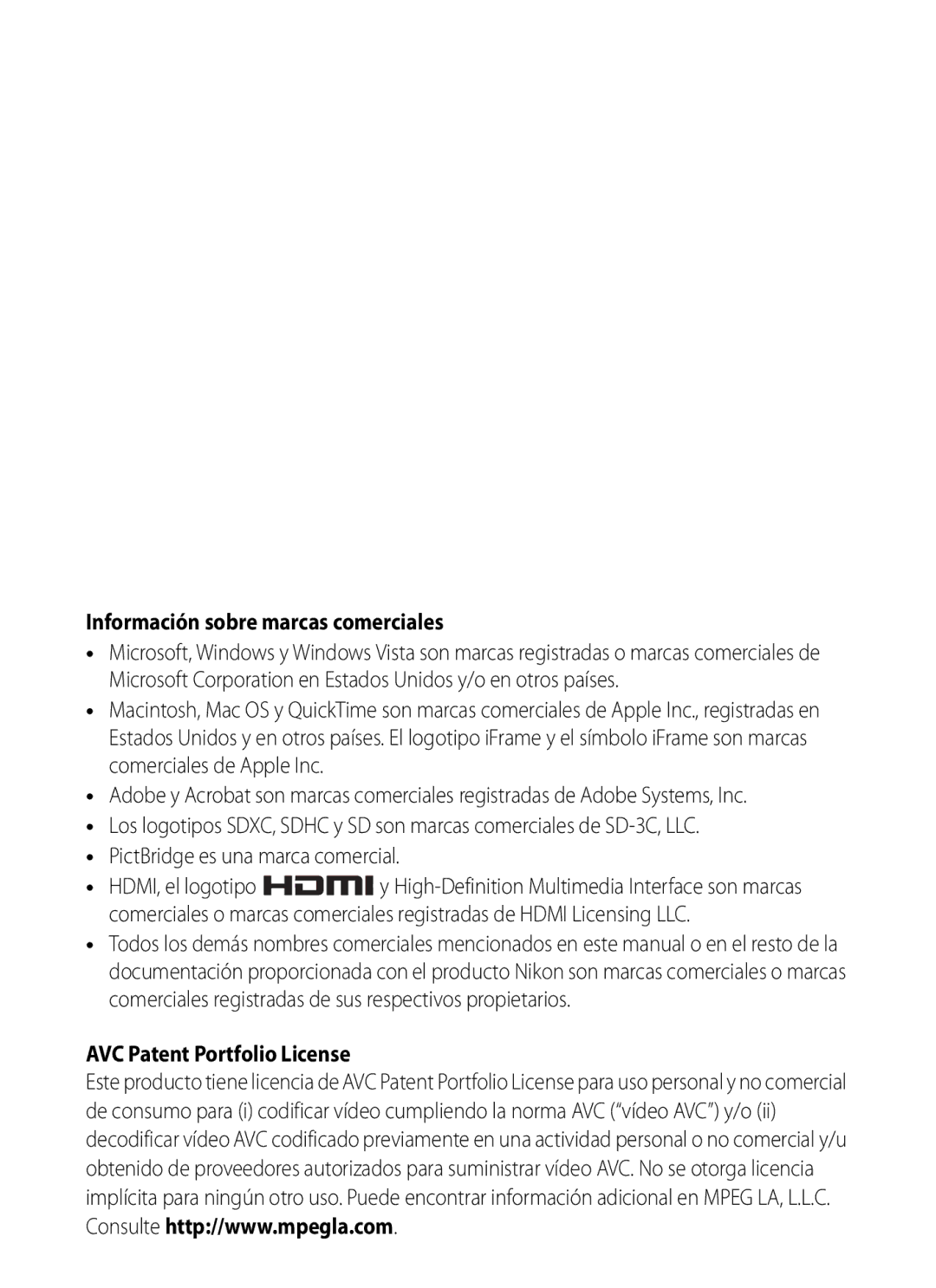 Nikon P510 manual Información sobre marcas comerciales, AVC Patent Portfolio License 