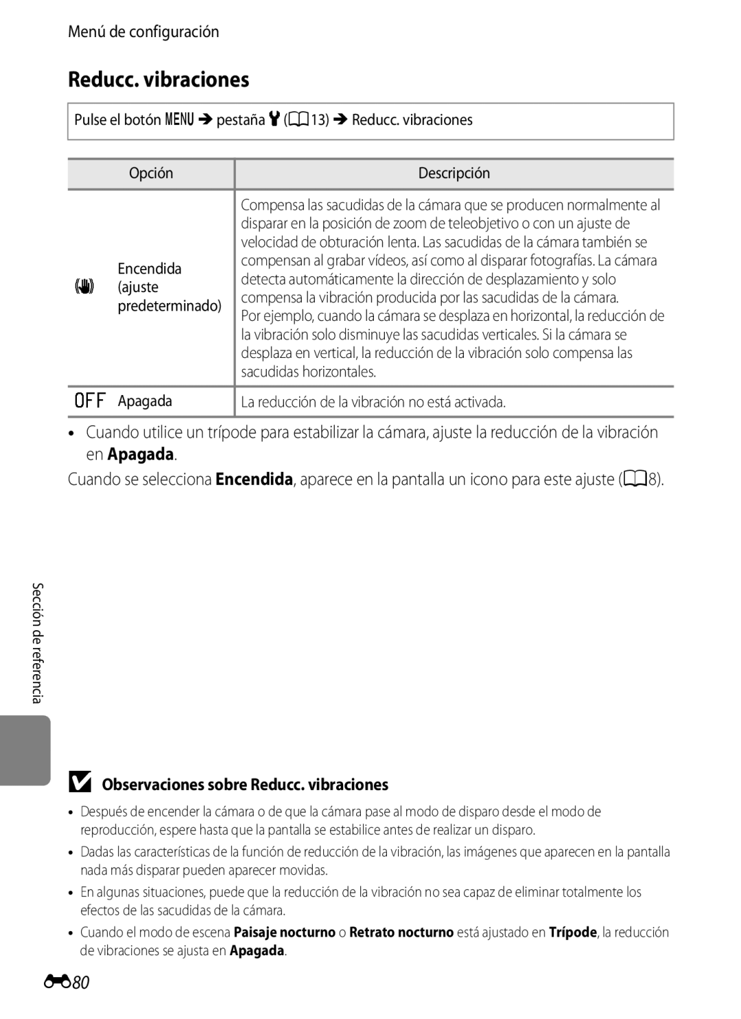 Nikon P510 manual E80, Observaciones sobre Reducc. vibraciones 