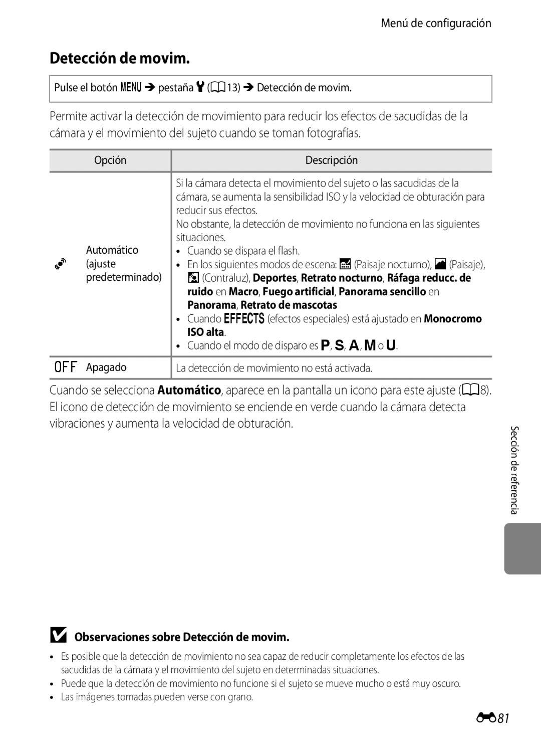 Nikon P510 manual E81, Observaciones sobre Detección de movim, Panorama, Retrato de mascotas, ISO alta 