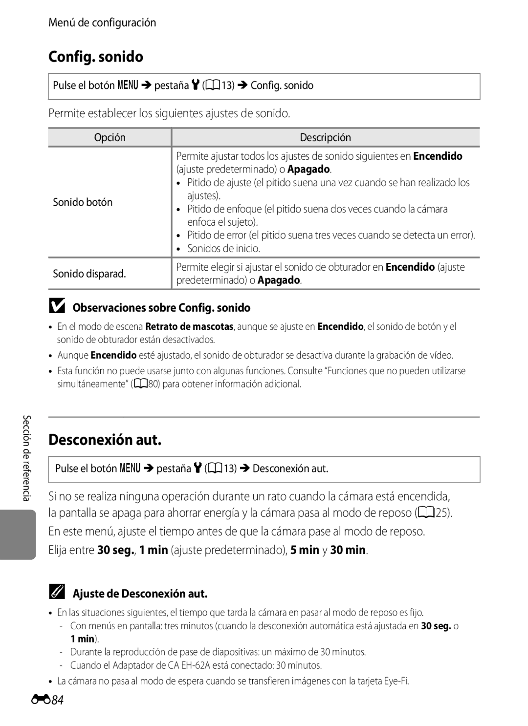 Nikon P510 manual E84, Observaciones sobre Config. sonido, Ajuste de Desconexión aut 