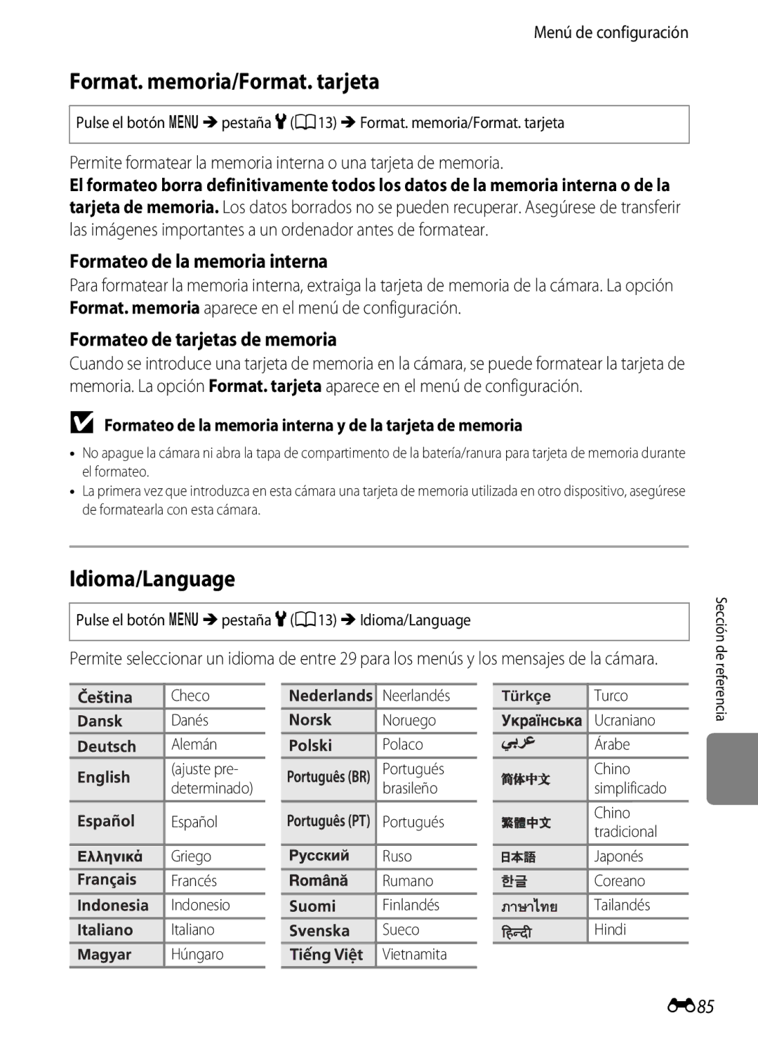 Nikon P510 manual Format. memoria/Format. tarjeta, Idioma/Language, Formateo de la memoria interna, E85 