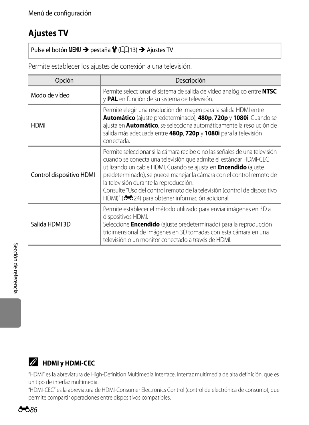 Nikon P510 manual Ajustes TV, E86, Permite establecer los ajustes de conexión a una televisión, Hdmi y HDMI-CEC 