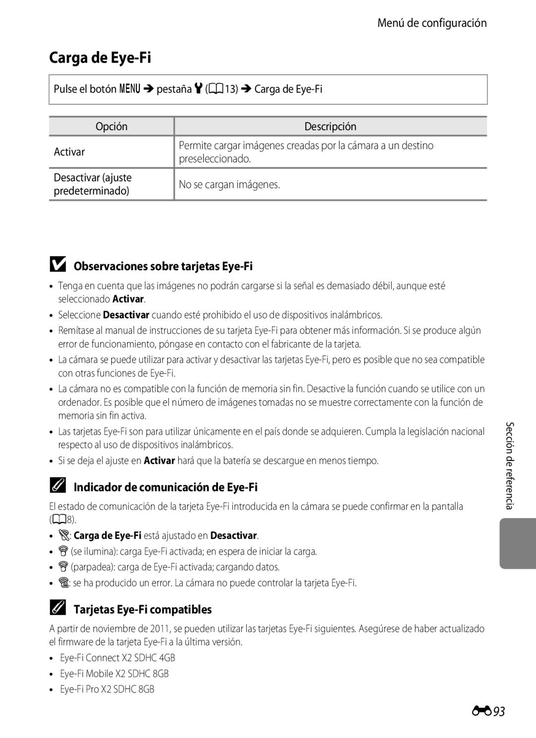 Nikon P510 manual Carga de Eye-Fi, E93, Observaciones sobre tarjetas Eye-Fi, Indicador de comunicación de Eye-Fi 