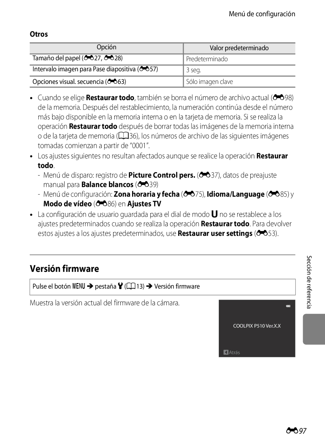 Nikon P510 manual Versión firmware, E97, Otros, Muestra la versión actual del firmware de la cámara 