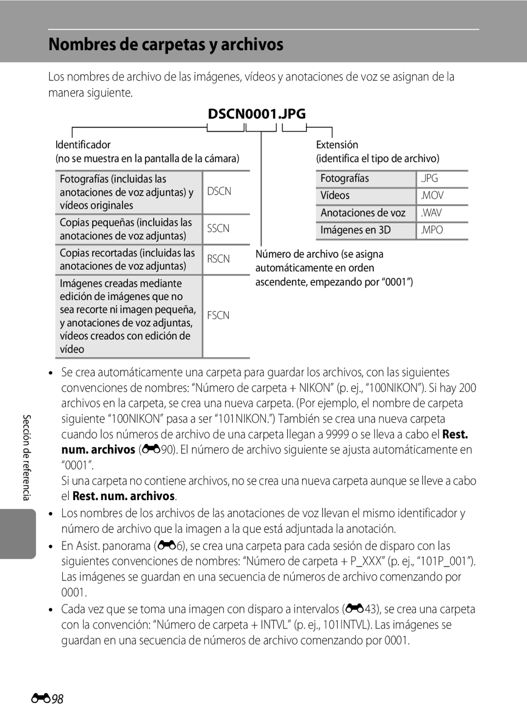 Nikon P510 manual Nombres de carpetas y archivos, E98 