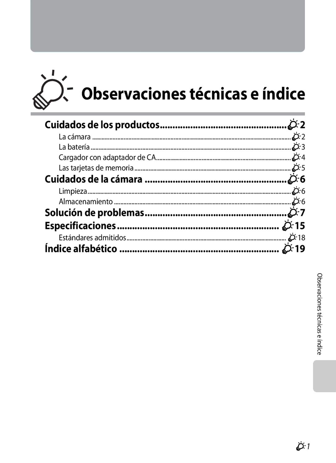 Nikon P510 manual Observaciones técnicas e índice, Cuidados de los productos 