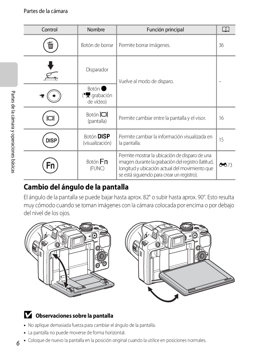 Nikon P510 manual Cambio del ángulo de la pantalla, Observaciones sobre la pantalla, Permite borrar imágenes, Botón s, E73 