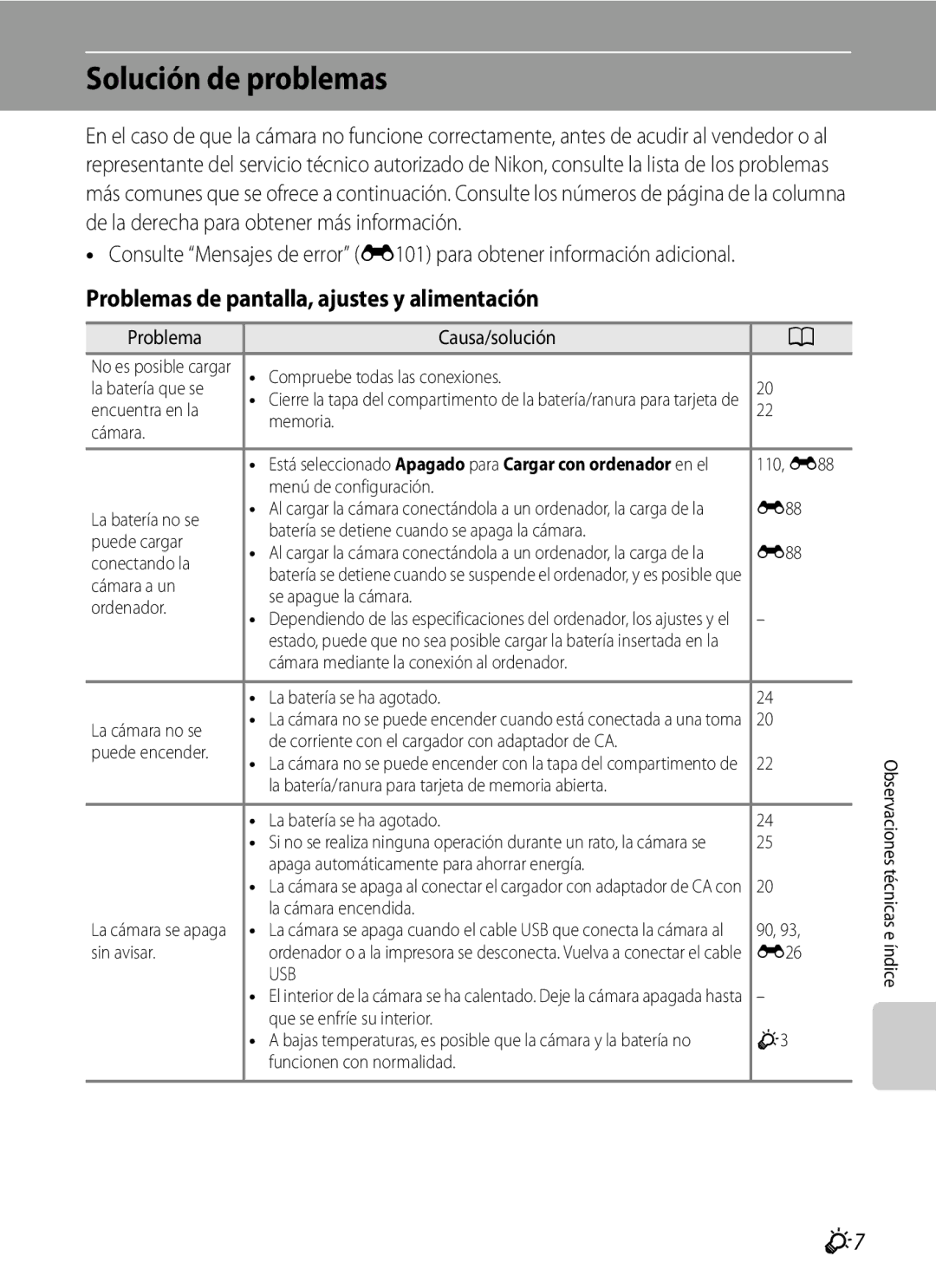 Nikon P510 manual Solución de problemas, Problemas de pantalla, ajustes y alimentación, Problema Causa/solución 