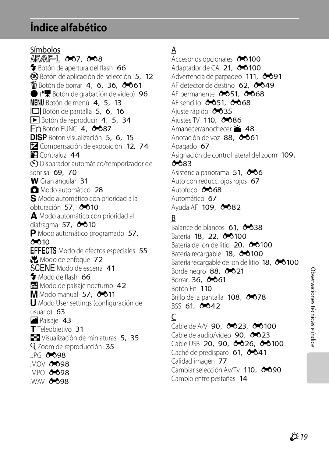 Nikon P510 manual Índice alfabético, Símbolos, F19, FGran angular 31 AModo automático 