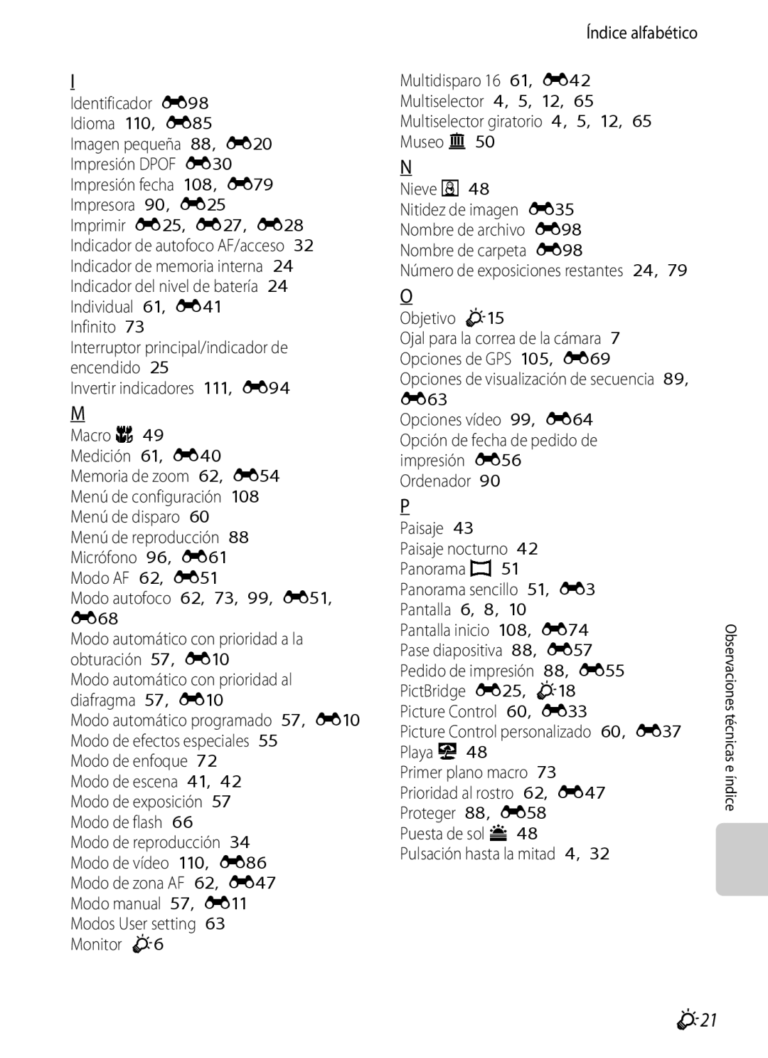 Nikon P510 manual F21, Infinito, Objetivo F15, Número de exposiciones restantes 24 