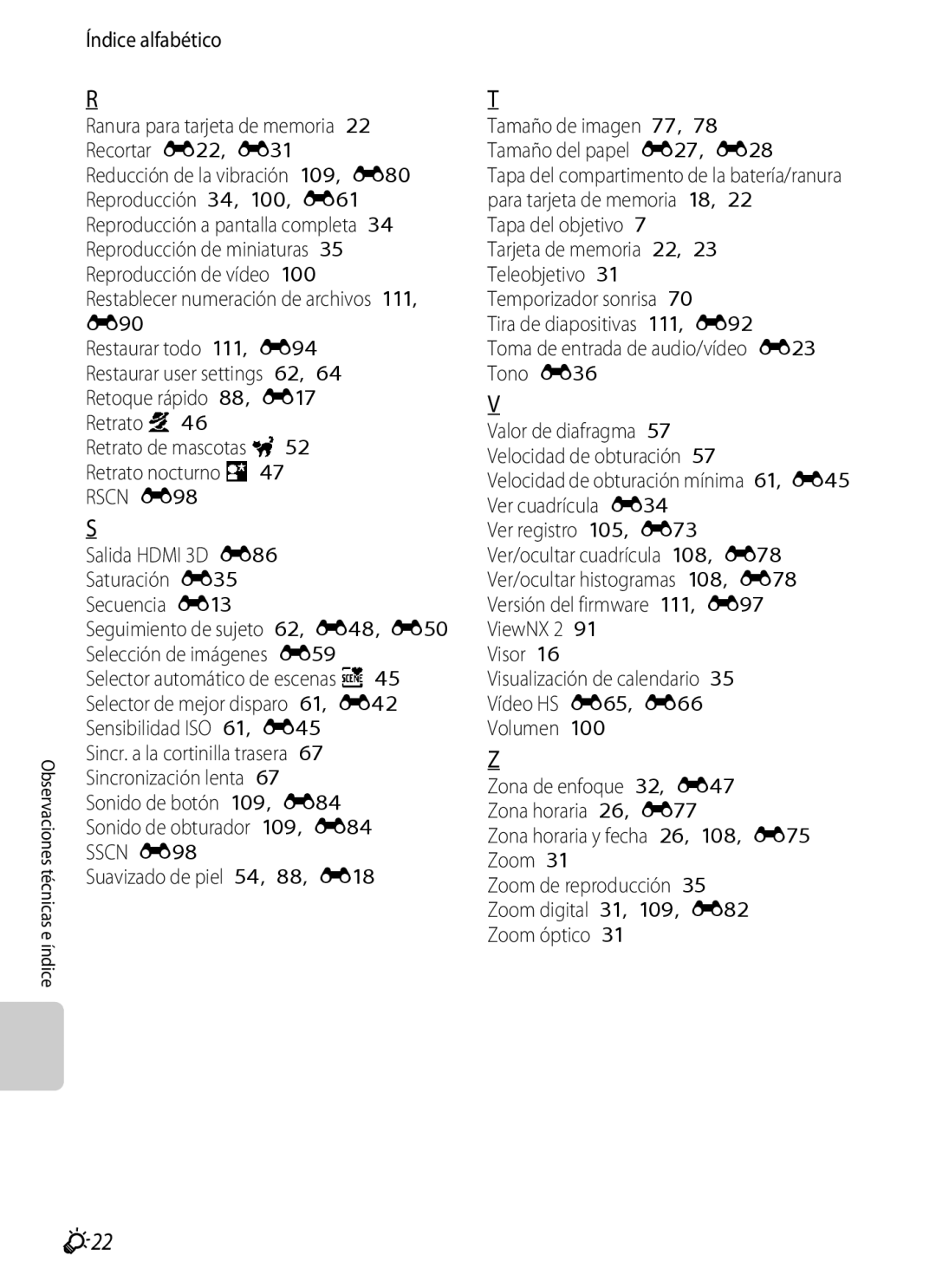 Nikon P510 manual F22, Tapa del objetivo, Ranura para tarjeta de memoria 22 Recortar E22, E31 