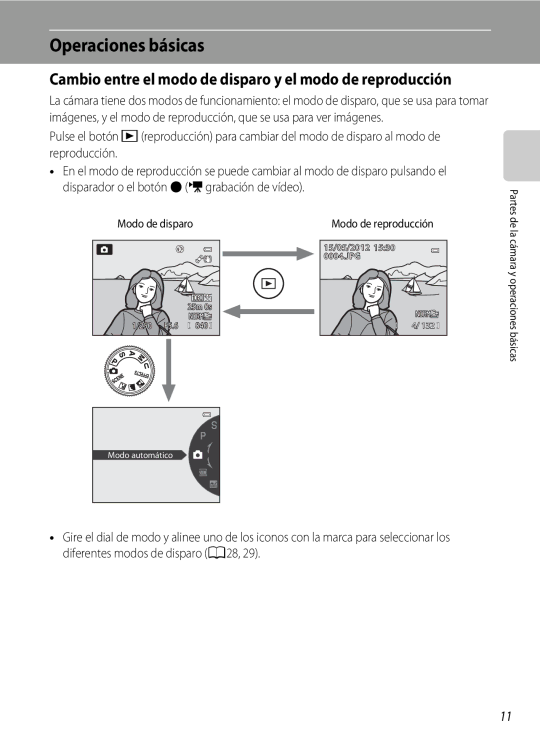 Nikon P510 manual Operaciones básicas, Modo de disparo, Modo de reproducción 