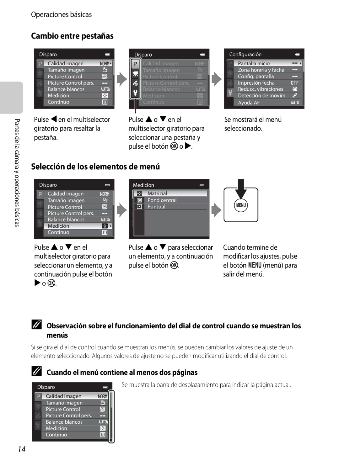 Nikon P510 manual Selección de los elementos de menú, Cambio entre pestañas, Cuando el menú contiene al menos dos páginas 