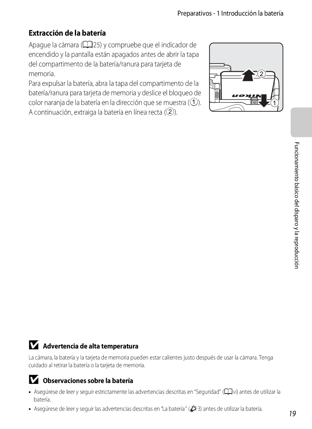 Nikon P510 manual Extracción de la batería, Preparativos 1 Introducción la batería, Advertencia de alta temperatura 