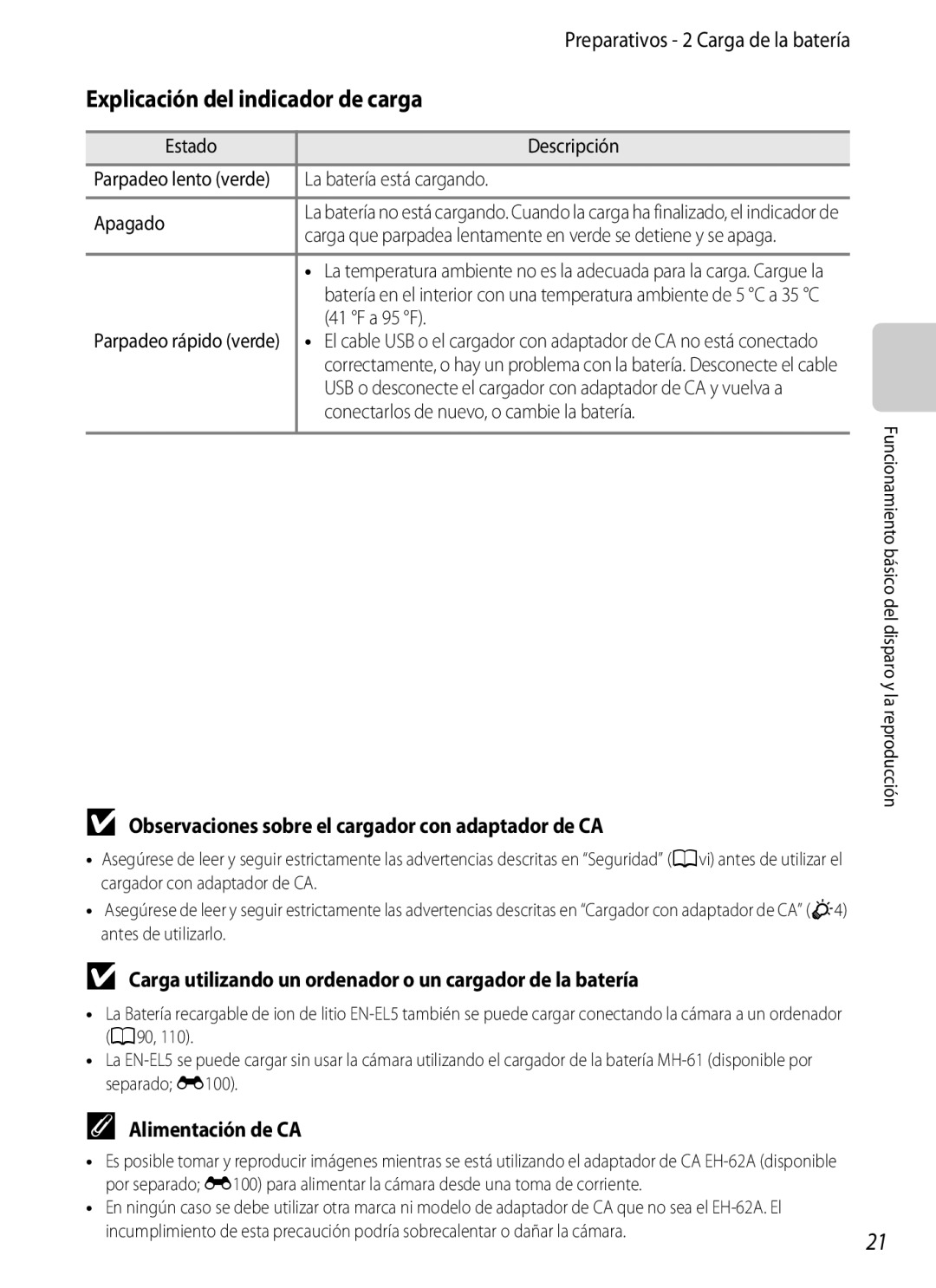 Nikon P510 Explicación del indicador de carga, Observaciones sobre el cargador con adaptador de CA, Alimentación de CA 