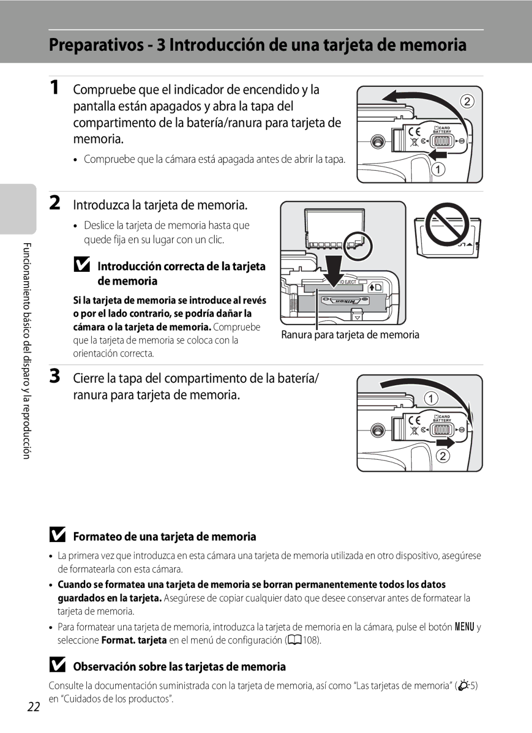 Nikon P510 manual Introduzca la tarjeta de memoria, Introducción correcta de la tarjeta de memoria 