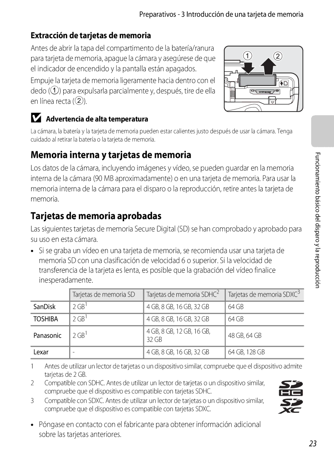 Nikon P510 manual Memoria interna y tarjetas de memoria, Tarjetas de memoria aprobadas, Extracción de tarjetas de memoria 