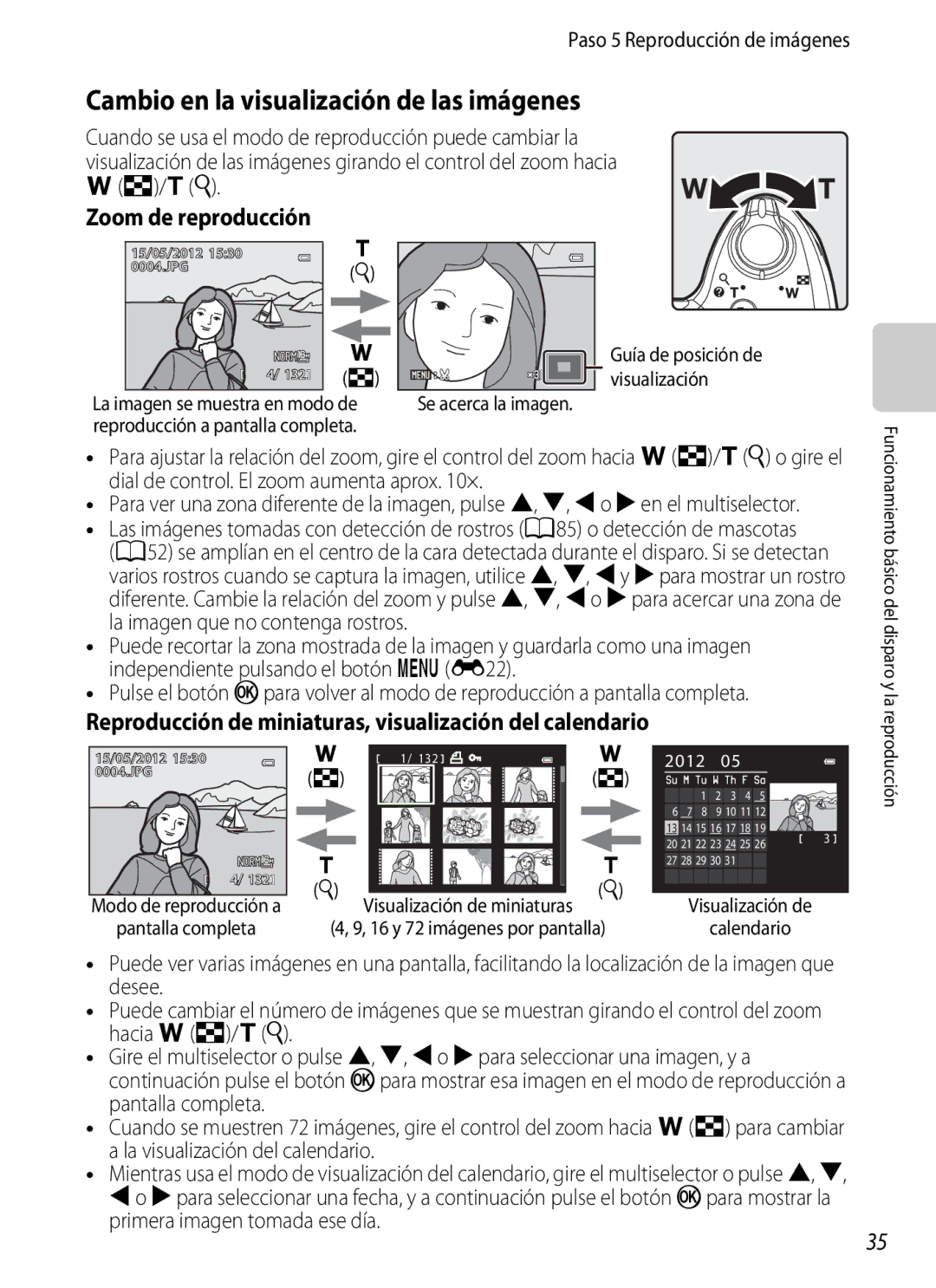 Nikon P510 manual Cambio en la visualización de las imágenes, Reproducción de miniaturas, visualización del calendario 