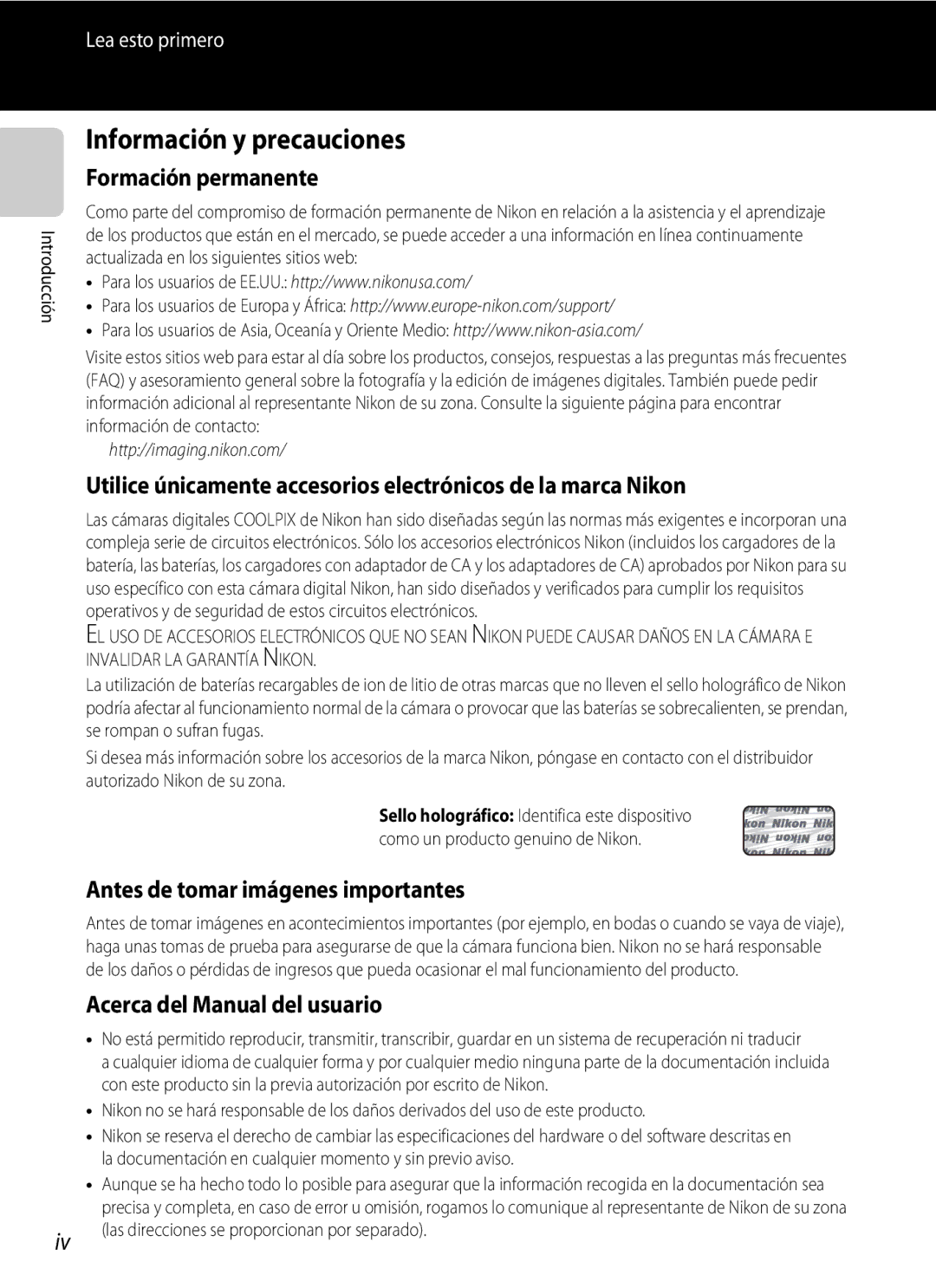 Nikon P510 manual Información y precauciones, Formación permanente, Antes de tomar imágenes importantes 