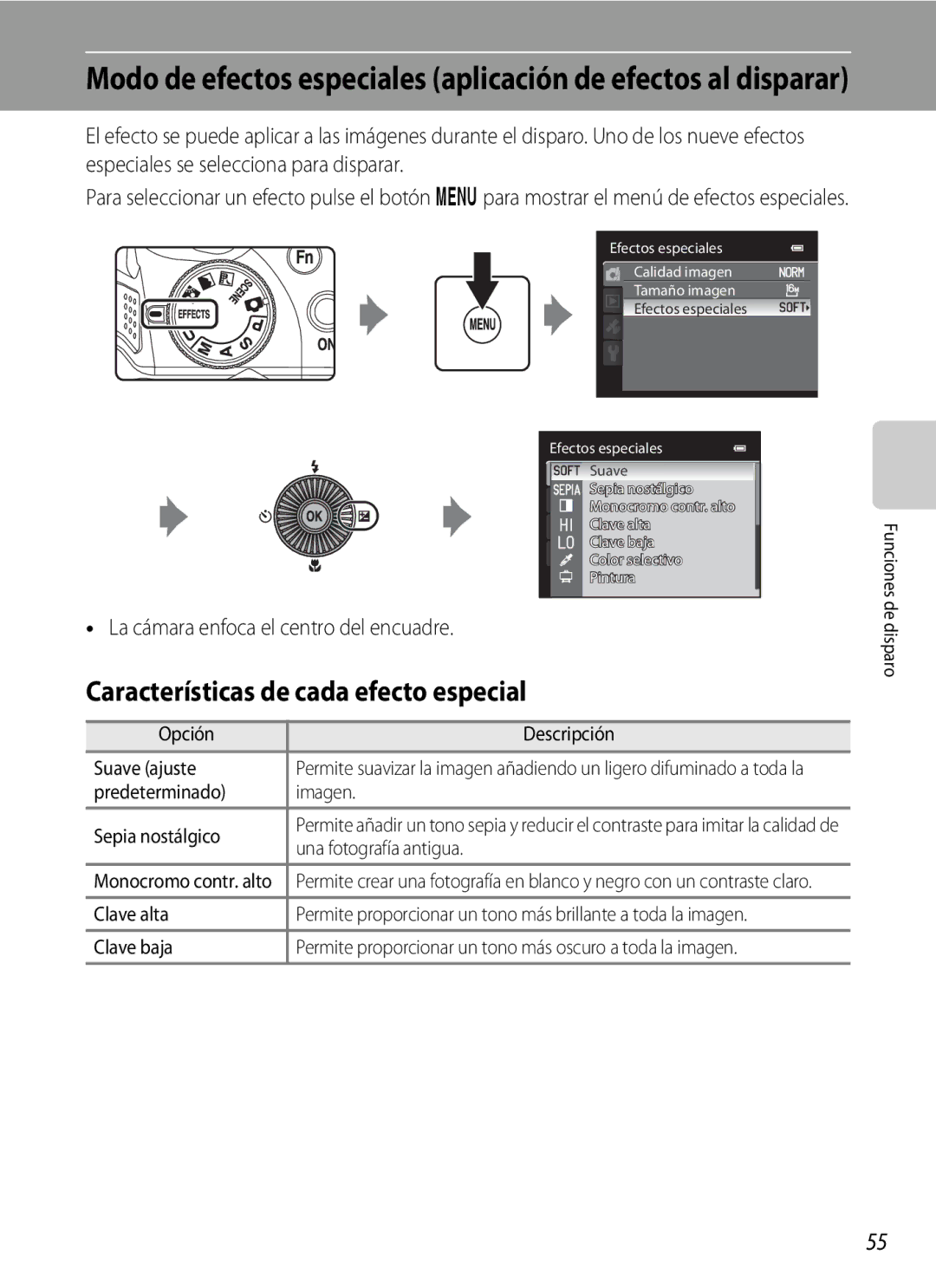 Nikon P510 manual Características de cada efecto especial, La cámara enfoca el centro del encuadre 