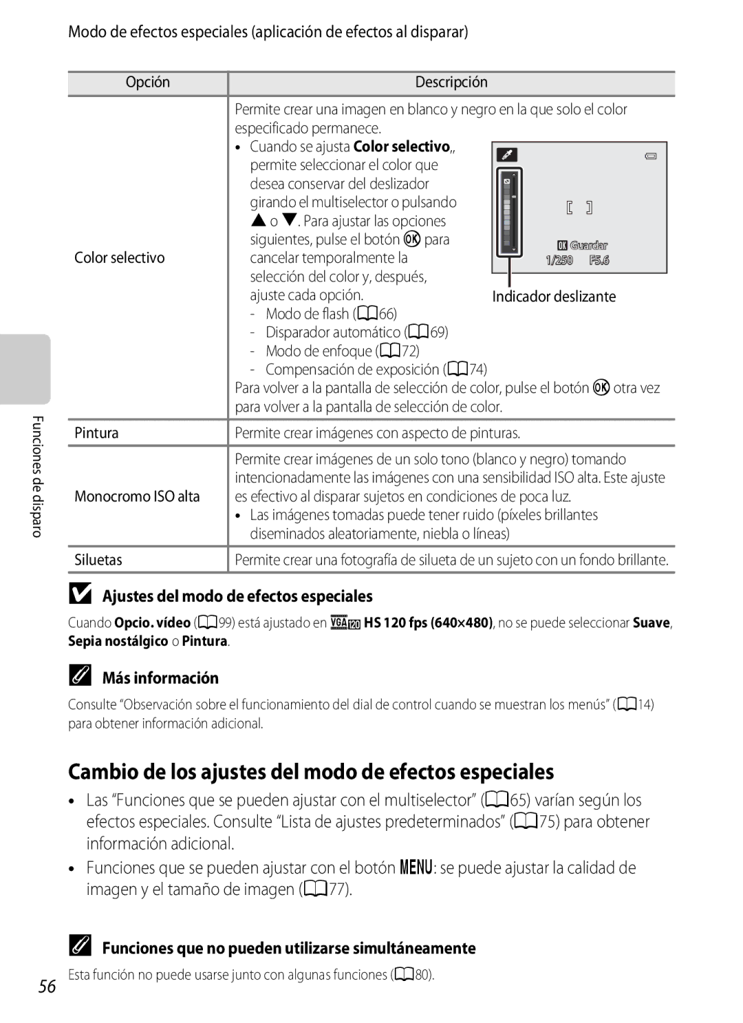 Nikon P510 manual Cambio de los ajustes del modo de efectos especiales, Ajustes del modo de efectos especiales 