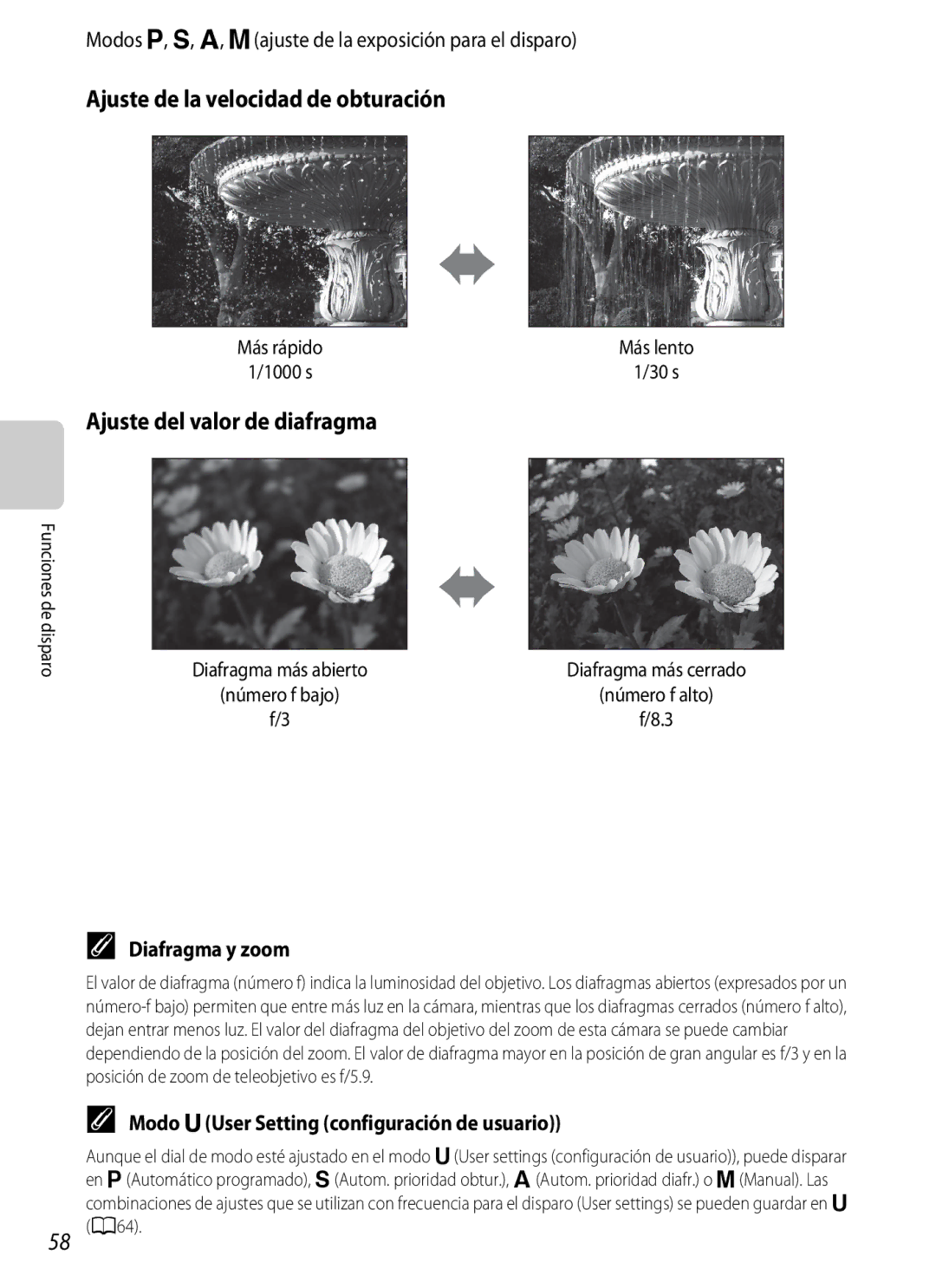 Nikon P510 manual Ajuste de la velocidad de obturación, Ajuste del valor de diafragma, Diafragma y zoom 