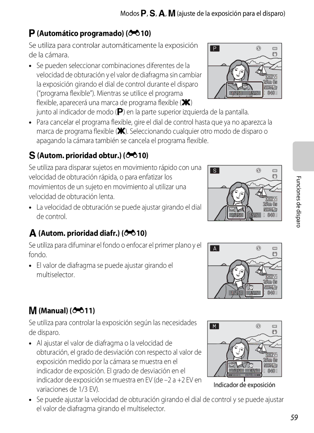 Nikon P510 manual Automático programado E10, Autom. prioridad obtur. E10, Autom. prioridad diafr. E10, Manual E11 