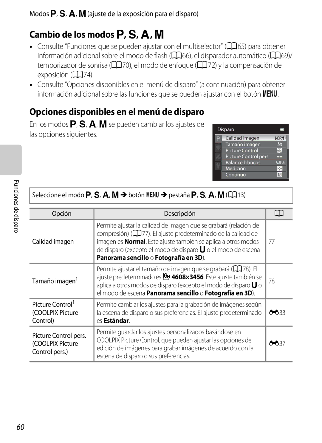 Nikon P510 manual Cambio de los modos j, k, l, m, Opciones disponibles en el menú de disparo, Es Estándar 