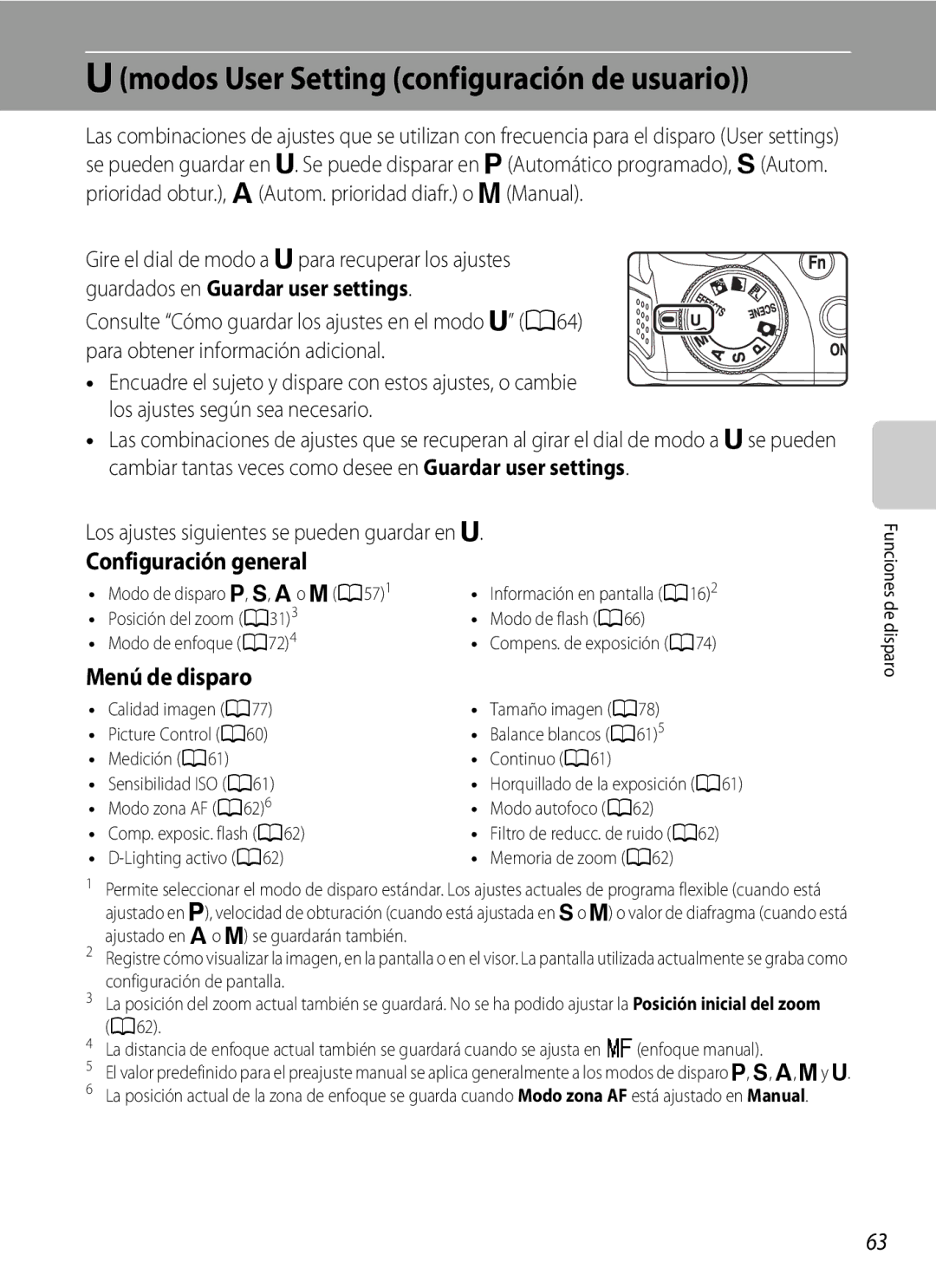 Nikon P510 manual Modos User Setting configuración de usuario, Configuración general, Menú de disparo 