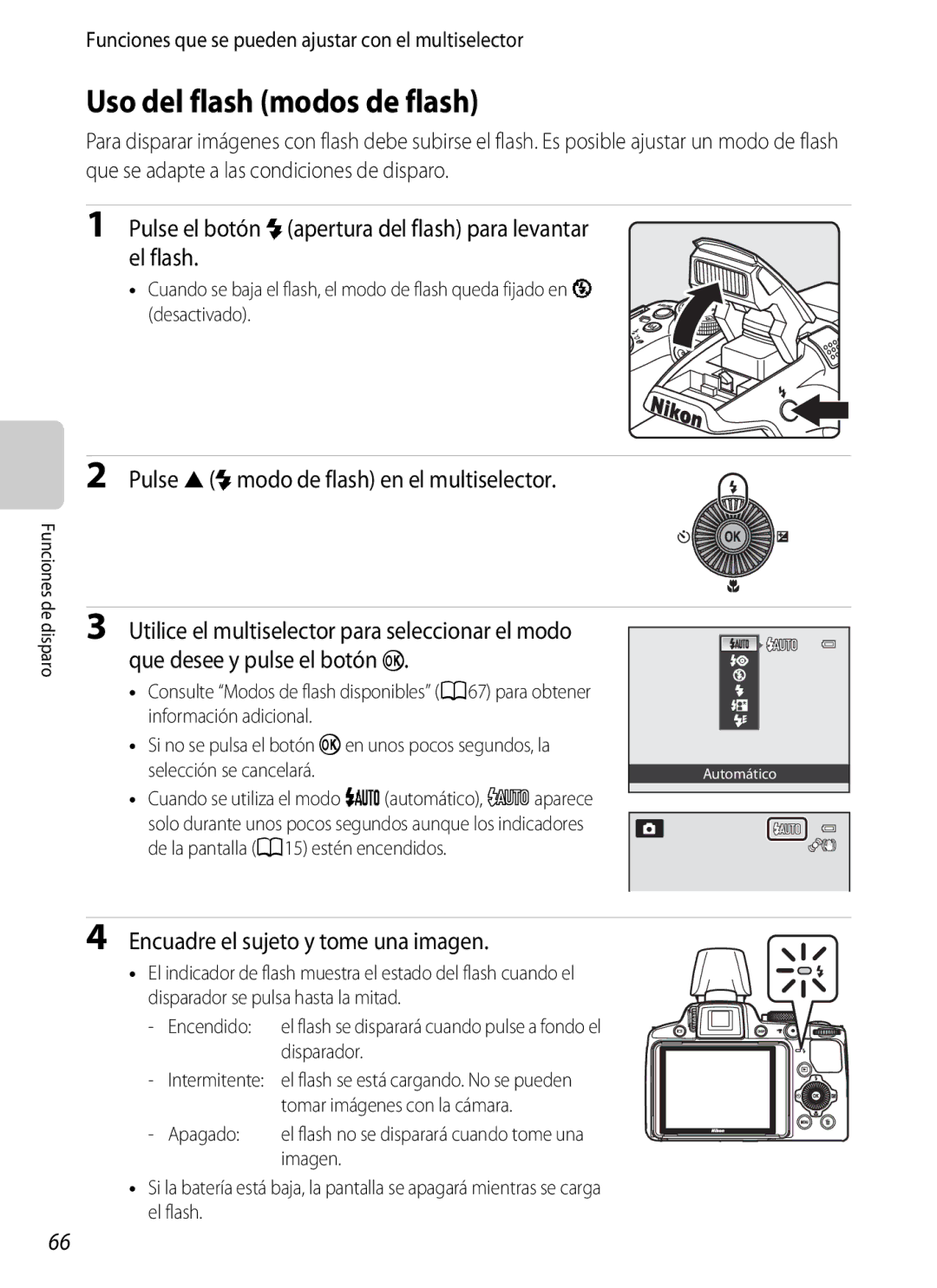 Nikon P510 manual Uso del flash modos de flash, Pulse el botón mapertura del flash para levantar el flash 