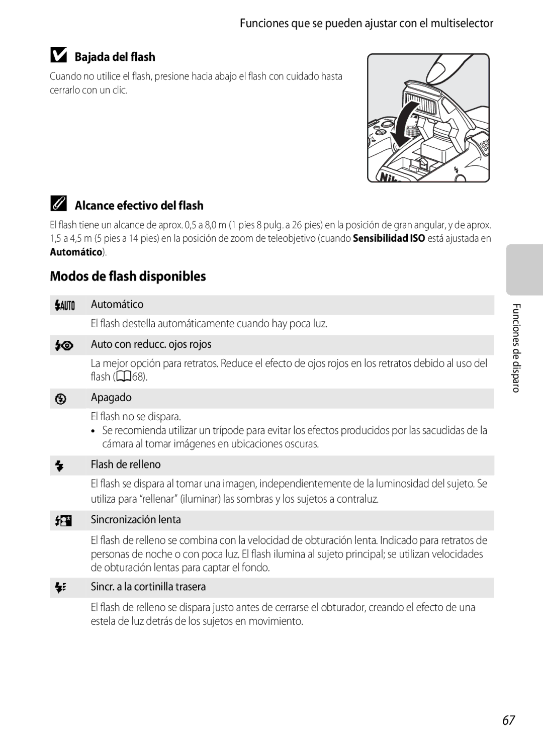 Nikon P510 manual Modos de flash disponibles, Bajada del flash, Alcance efectivo del flash 