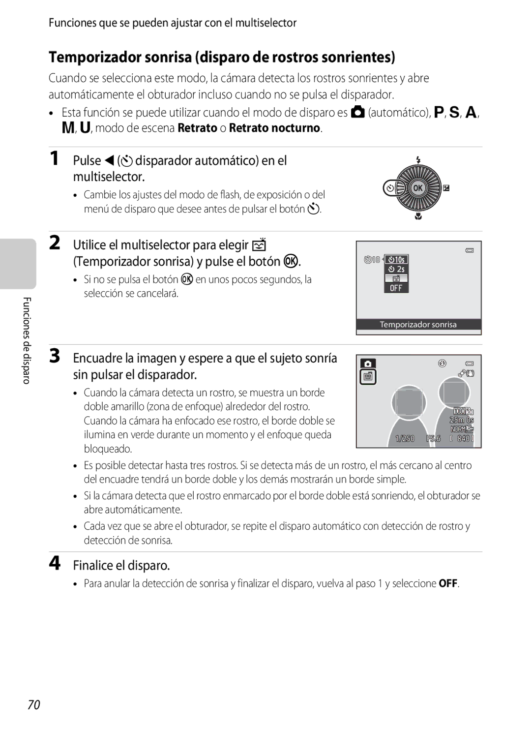 Nikon P510 manual Temporizador sonrisa disparo de rostros sonrientes, Pulse Jndisparador automático en el multiselector 
