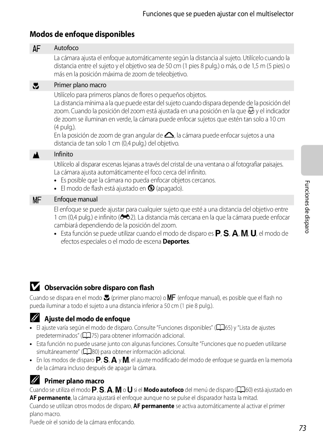 Nikon P510 manual Modos de enfoque disponibles, Observación sobre disparo con flash, Ajuste del modo de enfoque 