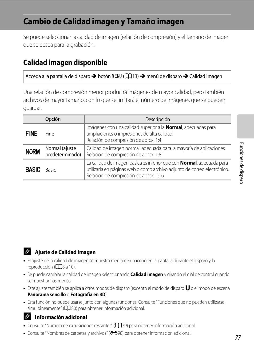 Nikon P510 manual Cambio de Calidad imagen y Tamaño imagen, Calidad imagen disponible, Ajuste de Calidad imagen 