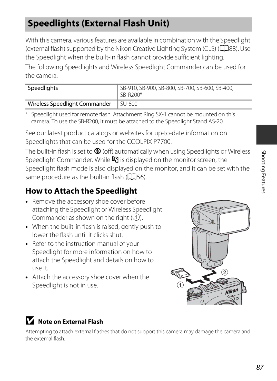 Nikon COOLPIXP7700BLK manual Speedlights External Flash Unit, How to Attach the Speedlight, SB-R200, SU-800 