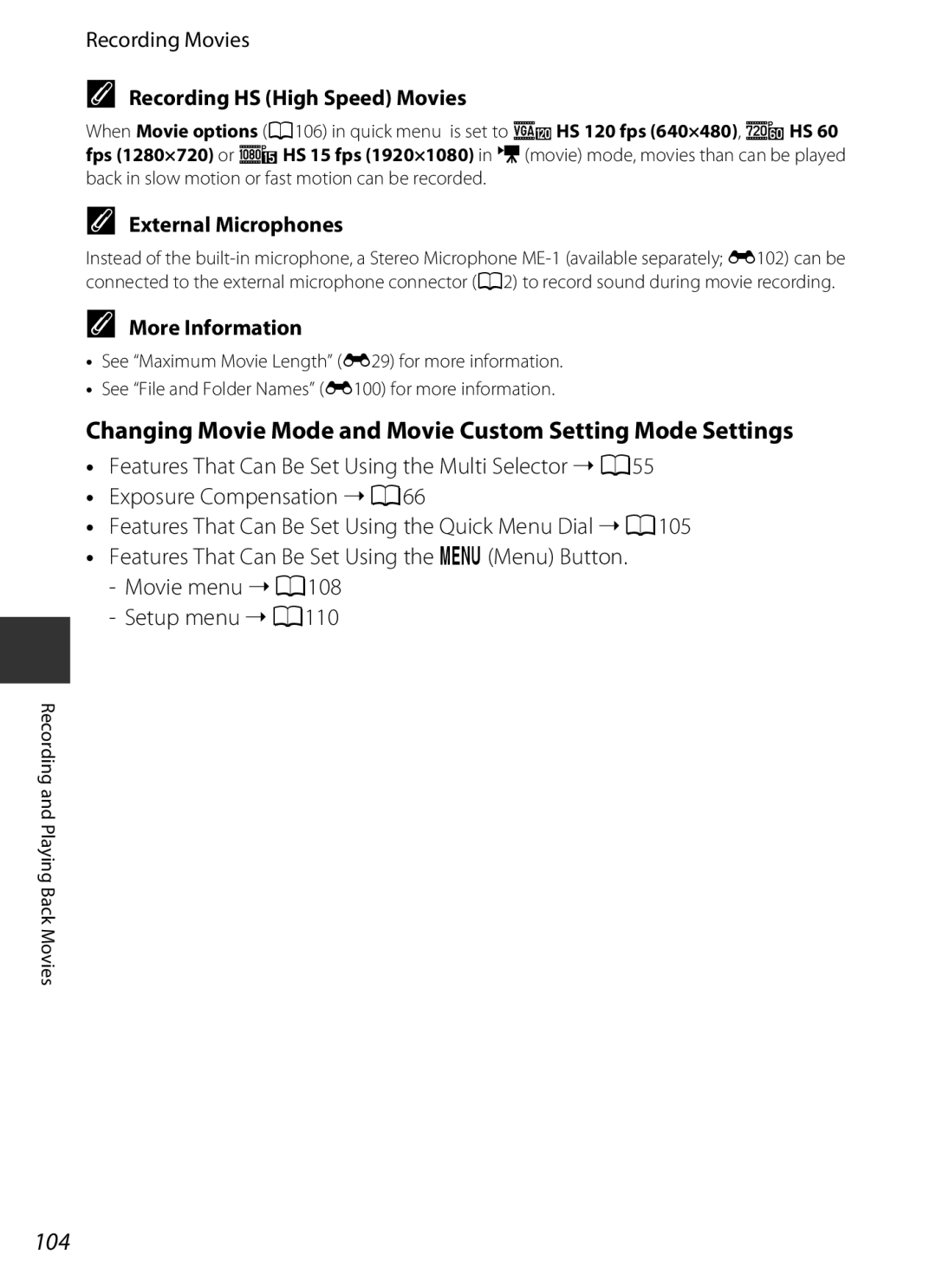 Nikon P7700 manual Changing Movie Mode and Movie Custom Setting Mode Settings, 104, Recording HS High Speed Movies 