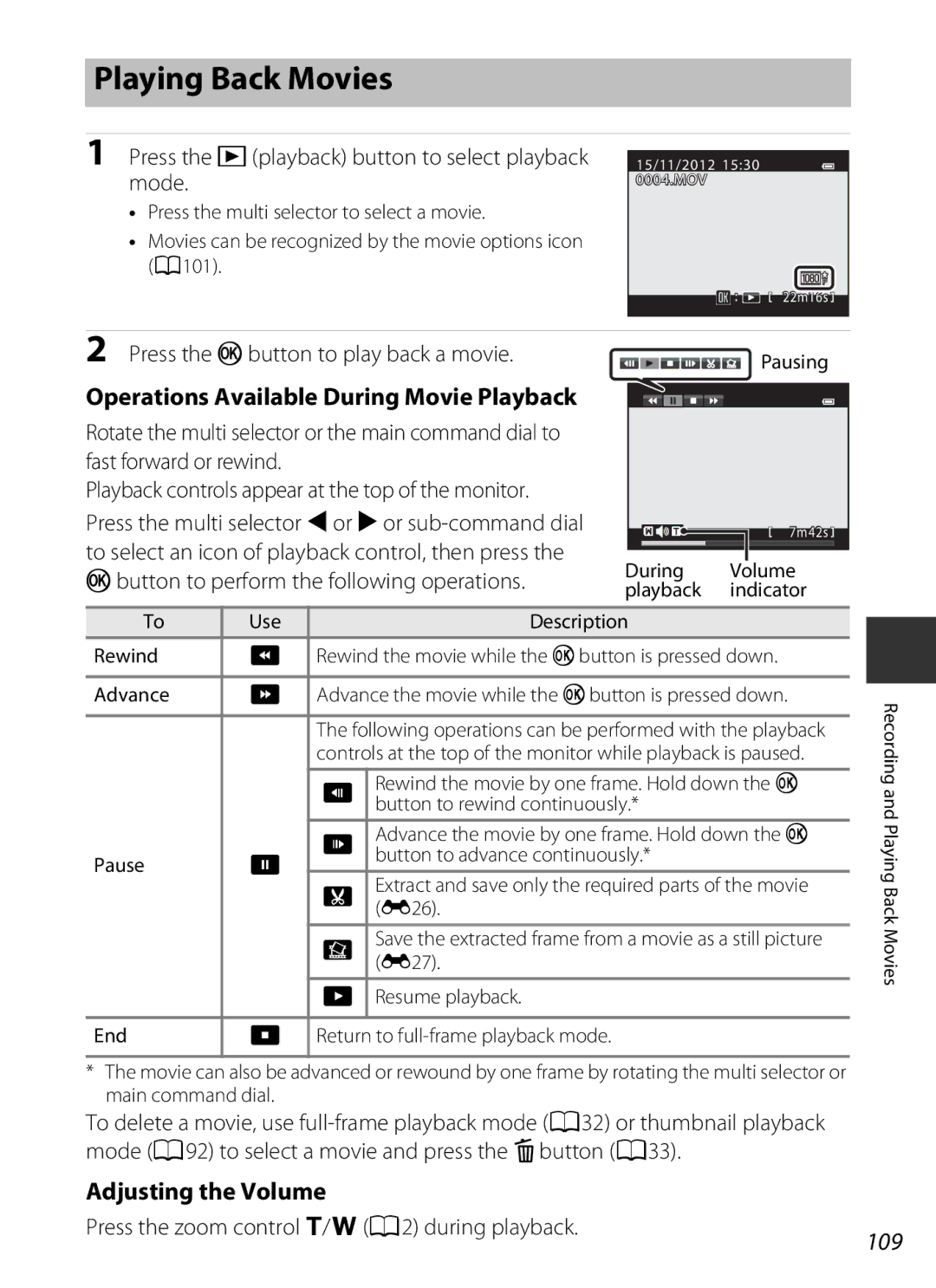 Nikon COOLPIXP7700BLK manual Playing Back Movies, Operations Available During Movie Playback, Adjusting the Volume, 109 