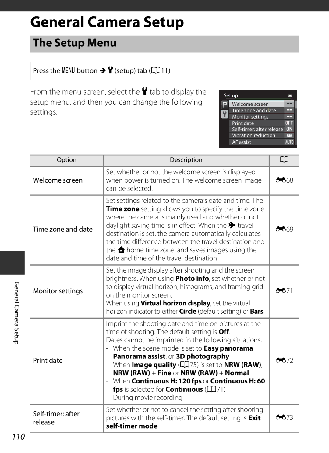 Nikon P7700 manual Setup Menu, 110, Panorama assist, or 3D photography, NRW RAW + Fine or NRW RAW + Normal, Self-timer mode 