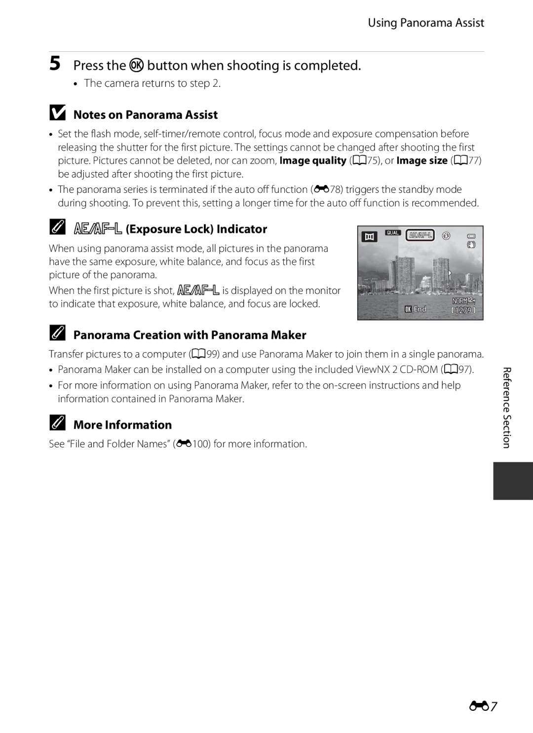 Nikon COOLPIXP7700BLK manual Press the kbutton when shooting is completed, Using Panorama Assist, RExposure Lock Indicator 