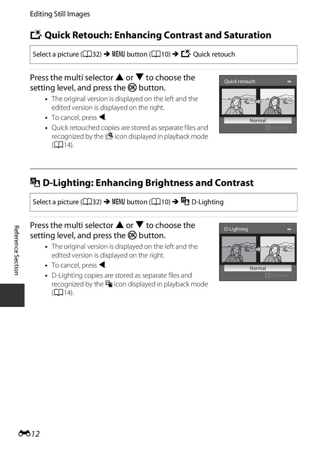 Nikon P7700 manual KQuick Retouch Enhancing Contrast and Saturation, ID-Lighting Enhancing Brightness and Contrast, E12 